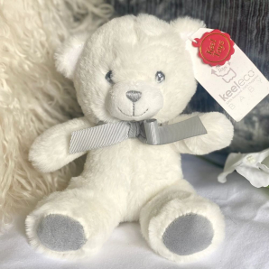 20cm Keeleco Baby White & Grey Bear with Ribbon