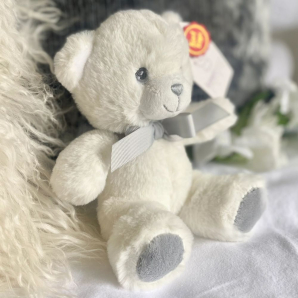 20cm Keeleco Baby White & Grey Bear with Ribbon