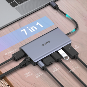 Unitek Uhub S7+ 7-In-1 Usb-C Ethernet Hub With Mst Dual Monitor, 100W Power Delivery And Card Reader