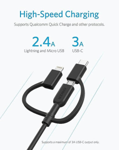 Anker Powerline Ii Charging Cable With Enhanced Durability Usb A To 3 In 1 Sync & Mifi Certified Fast Charge For All Usb A, Usb C, And Micro Usb Devices 3Ft Black, A8436H11